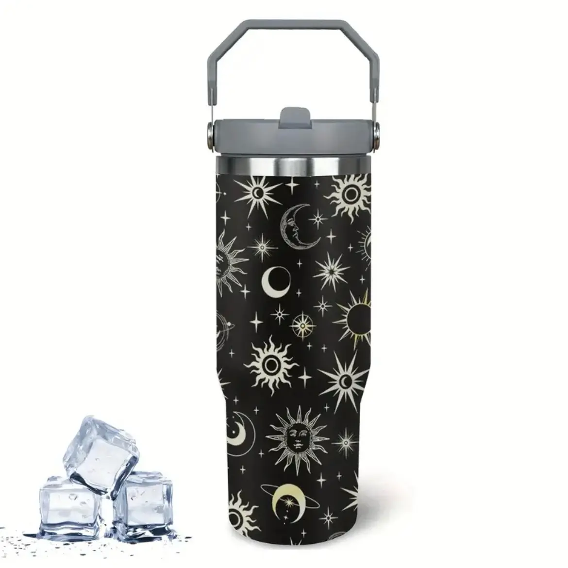 30 Oz Goth Moon Flip Straw Tumbler With Handle Lid And Straw, Sun And Moon Cup Gothic Witch Coffee Travel Mug Cup, Astrology Witchy Gifts For Women, Goth Halloween Decor Witch Stuff For Women, 9.4"*3.5"*2.7", 1Pcs
