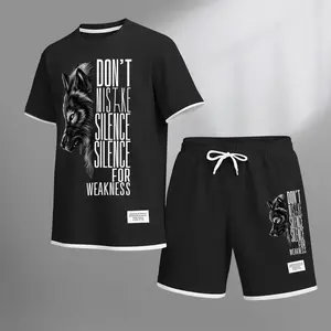 Men's Howling Wolf & "Don't Mistake Silence For Weakness" Quote Graphic Print Waffle Short Sleeve T-Shirt & Shorts Set, Summer Lightweight Casual Sporty Two-Piece Outfit