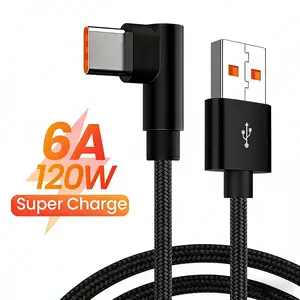 90 Degree Elbow 6A 120W Type C Fast Charging Cable For iPhone 15 16 17 Pro Max Xiaomi Redmi POCO Huawei Honor OPPO Realme OnePlus Nylon Braided USB Cables