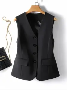 Women's Solid Color Button Front Vest Blazer, Casual Formal Sleeveless Outerwear for Summer, Ladies Clothes for Daily Wear Suits, Workwear
