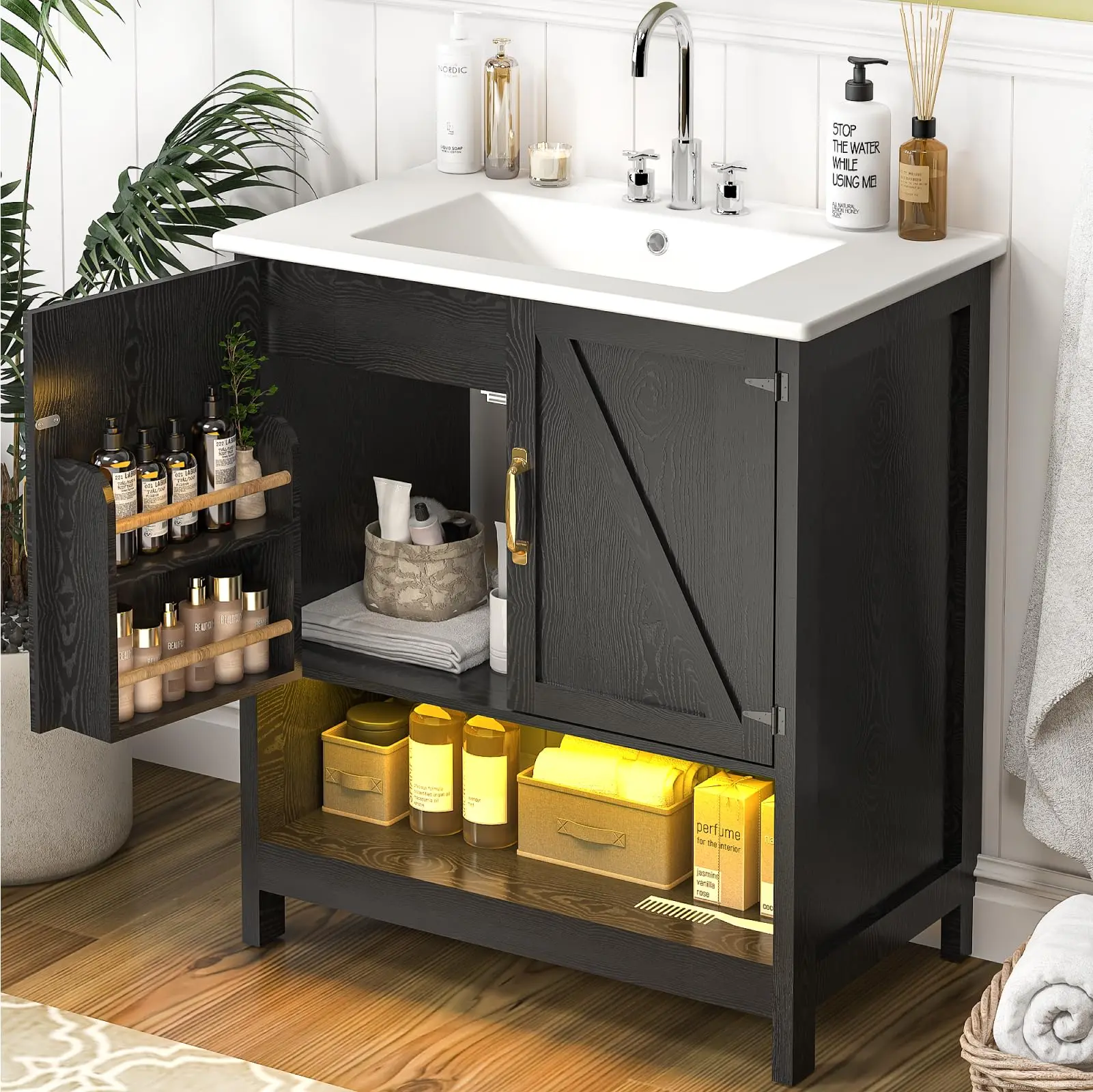 30" Engineered Wood Modern Bathroom Vanity Set with Sink, LED Light, Double Soft-Closing Cabinet Doors and Built-In Organizer