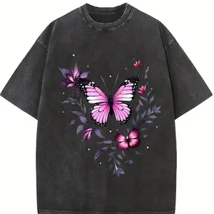 Women'S Vintage Style T-Shirt with Pattern - 230G Heavyweight, Round Neck, Short Sleeves, Retro Urban Fashion, Machine Washable, Ideal for Spring And Summer, Relaxed Fit