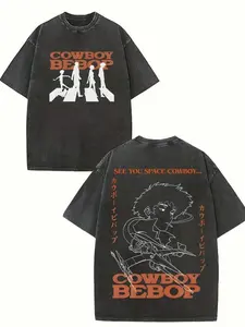 Men's 230g Distressed T - Shirt With "COWBOY BEBOP" Letters And Figure Silhouette Graphic, Vintage Washed For Y2K Unique Visual Texture Y2k  Outfits  Men