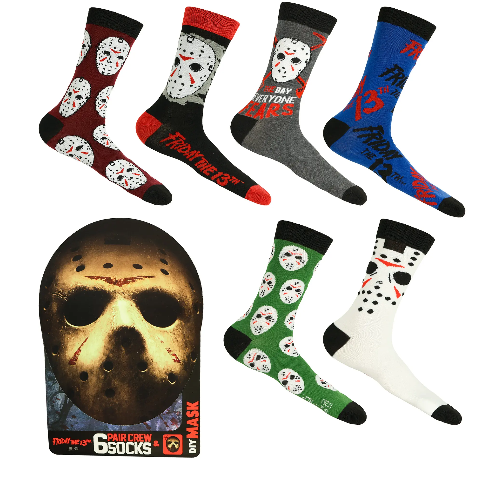 Friday The 13th Crew Socks Jason Voorhees with DIY Mask, 6 Pair, Size 6-12
