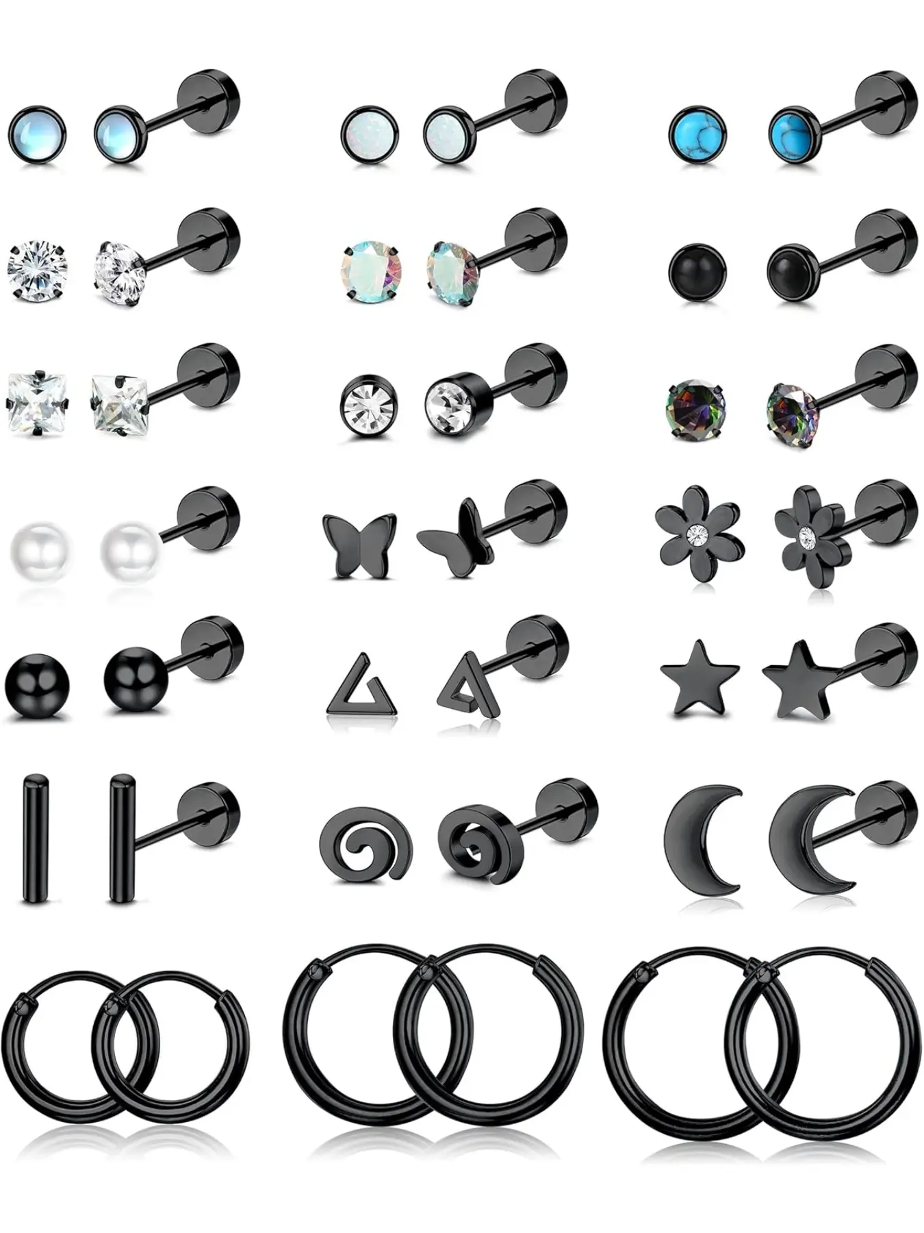 21 Pairs of Stainless Steel Flat Back Earrings, Hoop Earrings and Studs, 20G Screw Back Posts, Flatback Cartilage Earrings for Stacking, Hypoallergenic Jewelry for Sensitive Skin, Earrings Set