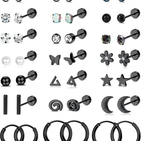 21 Pairs of Stainless Steel Flat Back Earrings, Hoop Earrings and Studs, 20G Screw Back Posts, Flatback Cartilage Earrings for Stacking, Hypoallergenic Jewelry for Sensitive Skin, Earrings Set, Hypoallergenic Earrings Pack