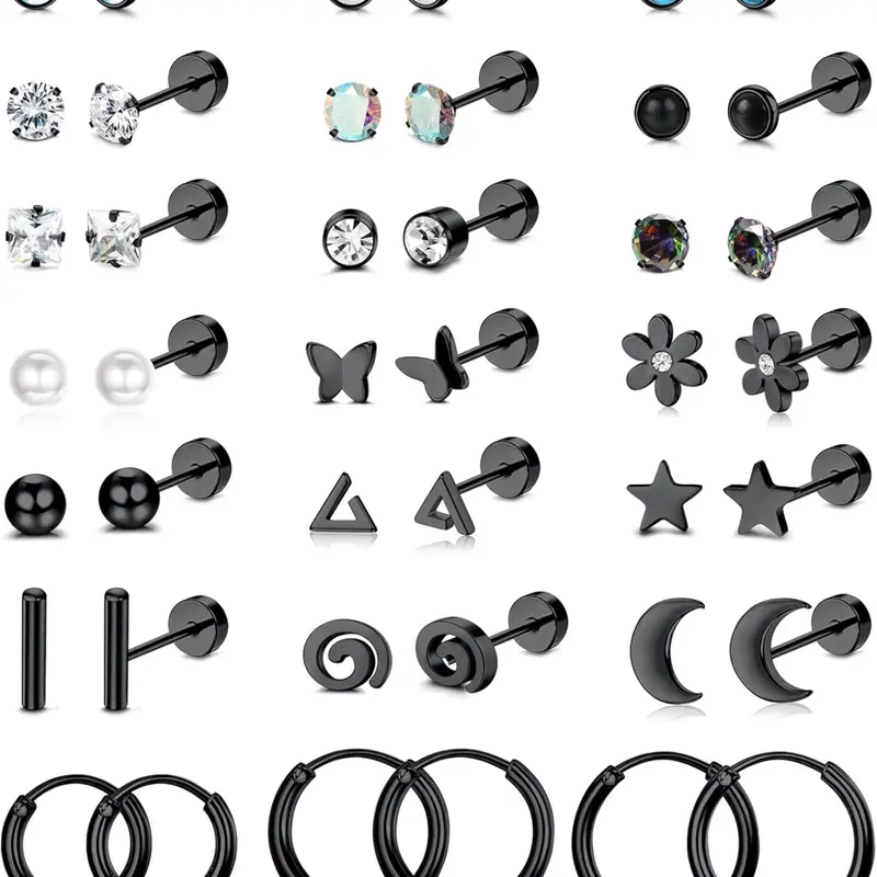 21 Pairs of Stainless Steel Flat Back Earrings, Hoop Earrings and Studs, 20G Screw Back Posts, Flatback Cartilage Earrings for Stacking, Hypoallergenic Jewelry for Sensitive Skin, Earrings Set, Hypoallergenic Earrings Pack