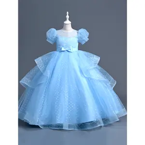 Girls' Elegant Mid-Length Prom Dress with Puff Sleeves - Solid Color Tent Silhouette Dress, Featuring a Belt, Made from Non-Stretch, Suitable Occasions, Princess Dress, Perfect Parties,-End Elegant Gown