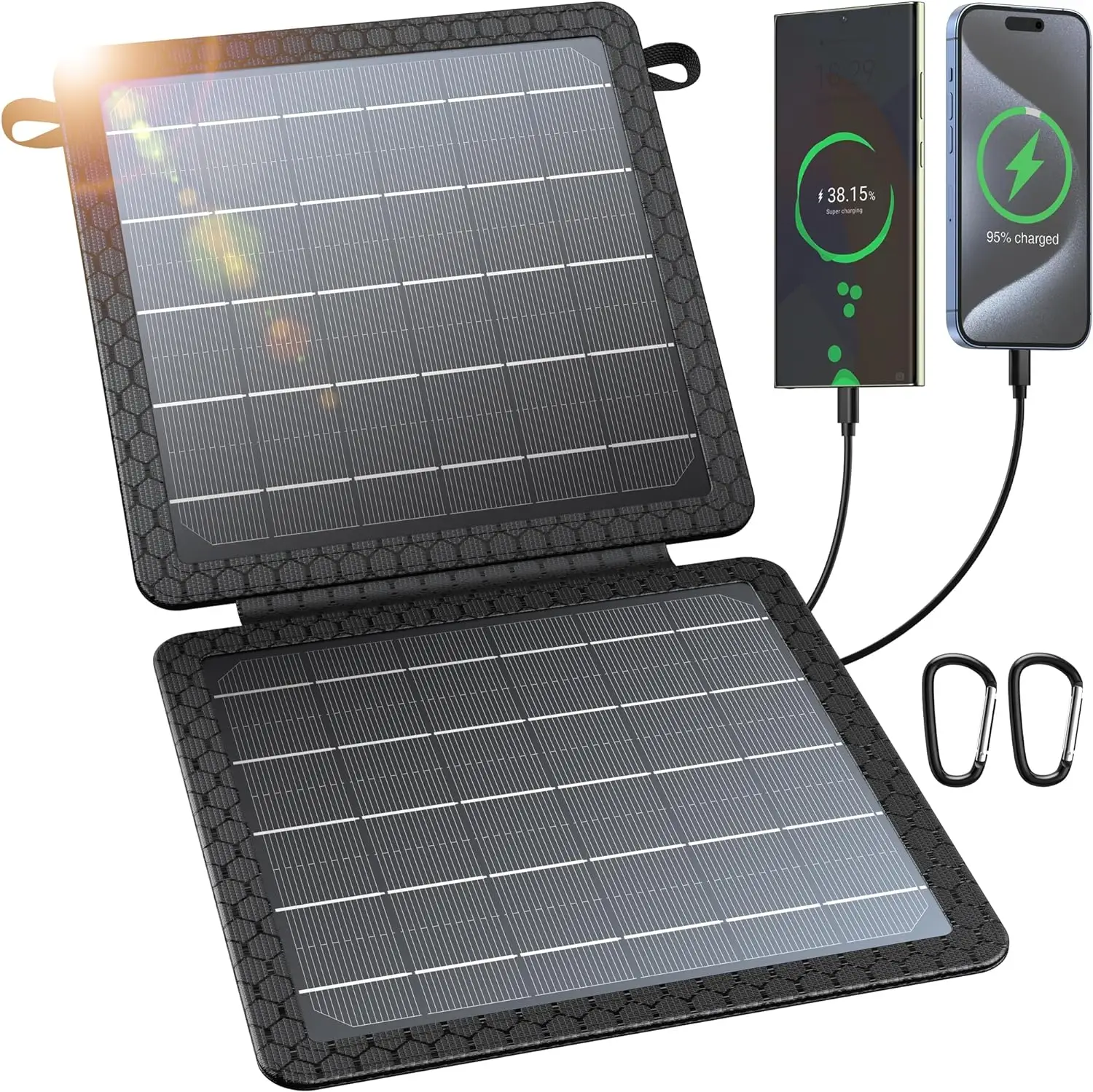 10W Solar Charger, IP65 Waterproof, Foldable with Dual USB Outputs (5V/2A Max) for iPhone, iPad, Samsung, and more. Ideal for outdoor use.