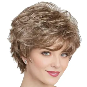 Short Fluffy Brown Curly Wigs for Women Layered Pixie Cut Wig with Bangs Heat Synthetic Short Hair Wigs for White Women Natural Looking Daily Party Wig