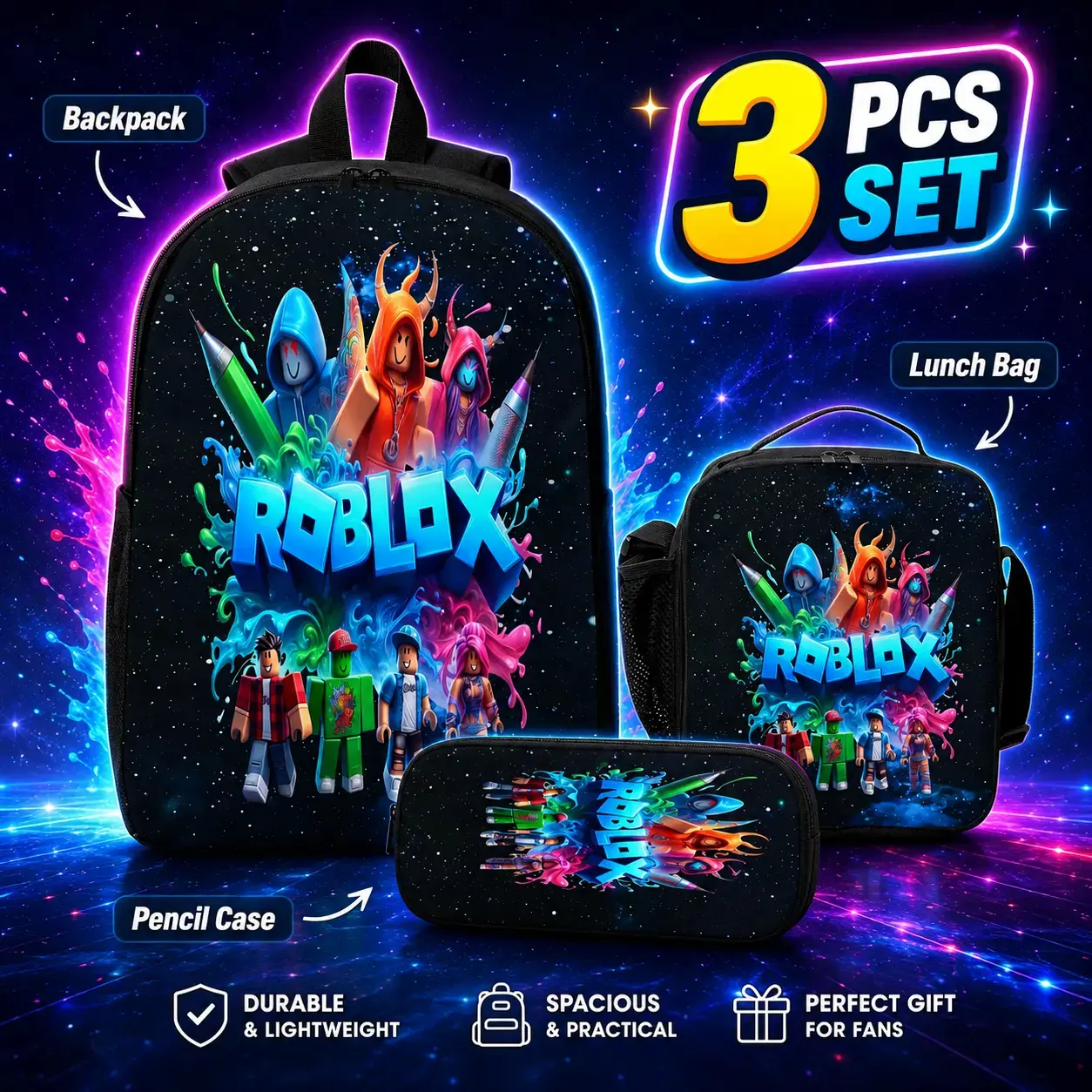 Roblox 3PCS Backpack Set for Students School Bag Lunch Bag Pencil Case Gaming Style Gift