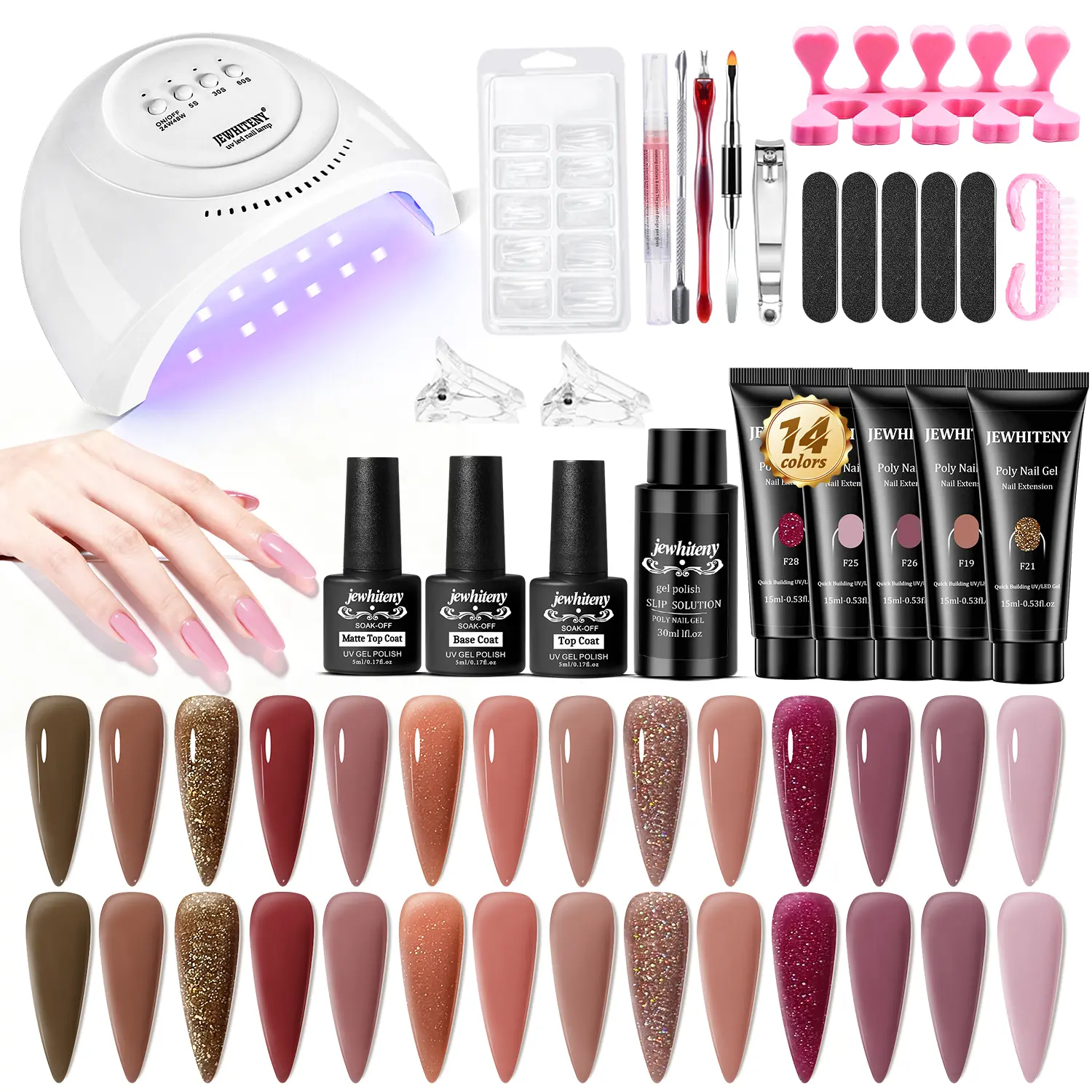 JEWHITENY 14 Pcs Poly Nail Gel Extension Kit With UV Light For Daily Nail Art DIY Home Nail Salon Long Lasting And Durable Good Gift For women