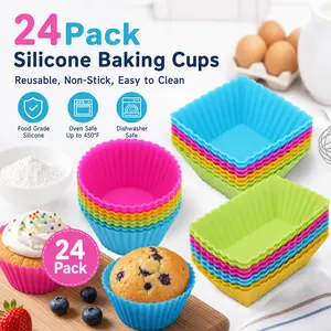 24 Pack Silicone Muffin Cups – Reusable Cupcake Liners, 3 Shapes (Round, Square, Rectangular) – Perfect for Baking, Lunch Box Bento Dividers – Colorful, Regular Size