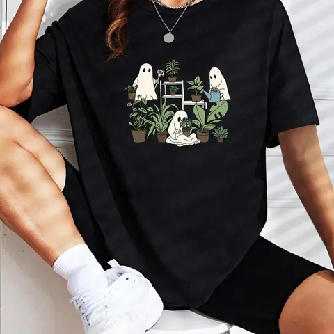 Women's Cute Cartoon Print Loose-Fit Round Neck T-Shirt, All-Season Fashion Top for Casual Wear, Trendy Street Style Tee
