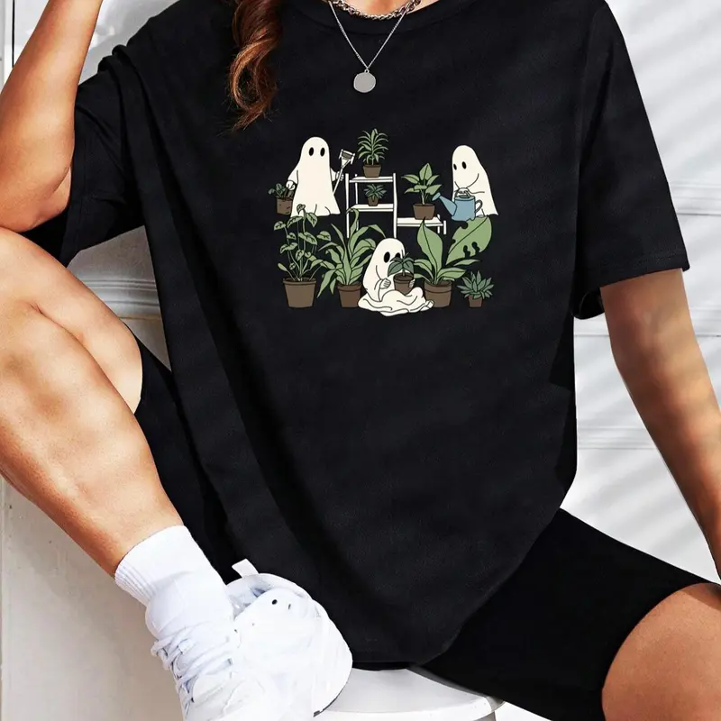 Women's Cute Cartoon Print Loose-Fit Round Neck T-Shirt, All-Season Fashion Top for Casual Wear, Trendy Street Style Tee