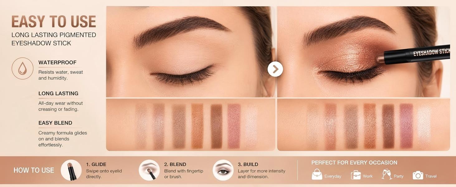 Shimmer Eyeshadow Stick Set, 8Pcs Cream Eye Shadow Brightener Stick Colorful Glitter Eyeshadow Pencil - Waterproof & Transfer-Proof Brown Bronze Nude Neutral Eyeliner Makeup for Girls Women