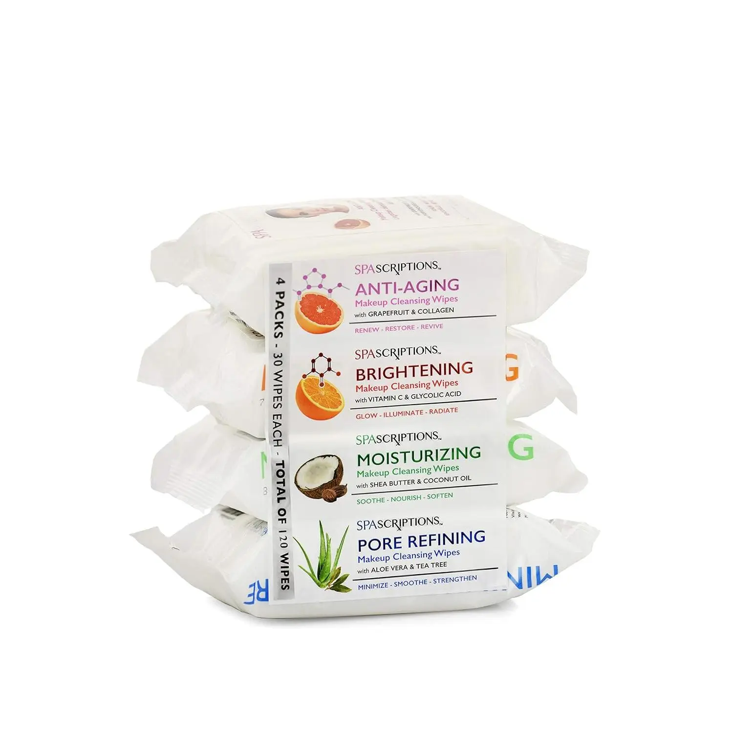 Spascriptions Anti-Aging, Brightening, Moisturizing & Pore Refining Towelettes Removes Waterproof Makeup