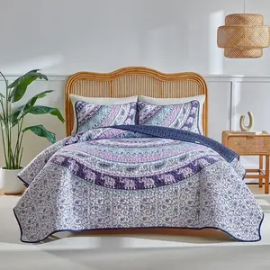 Boho Set Queen Size - Reversible Bohemian Bedding Set, 3 Pieces Colorful Lightweight Microfiber Bedspread Purple Elephant Paisley Circle Coverlet Set with 2 Pillow Shams for All