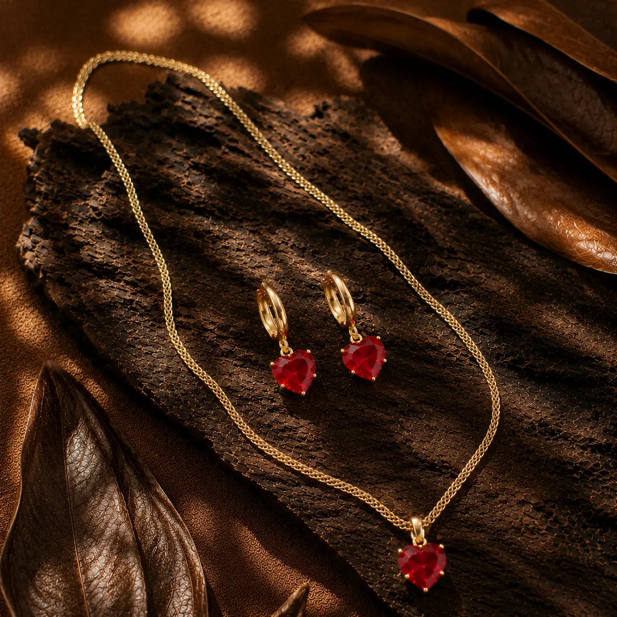 Fashion 2Pcs Red Heart Jewelry Set – CZ Pendant Necklace & Huggie Hoop Earrings, Gold Plated Love Accessories for Women, Funky Unique for Daily Party Vacation