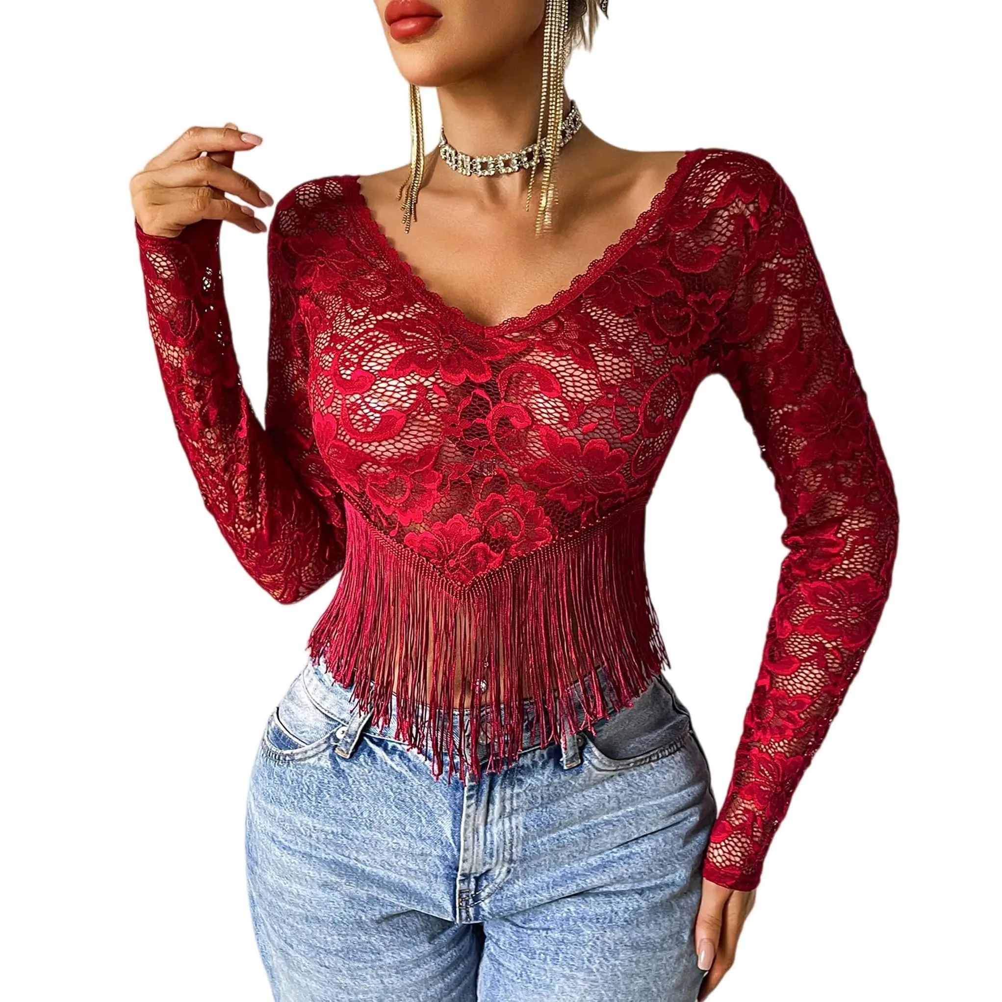 Avidlove Women's Sheer Lace Fringe Crop Top V Neck Long Sleeve Floral Mesh See Through Tassel Blouse for Party Club Night Out