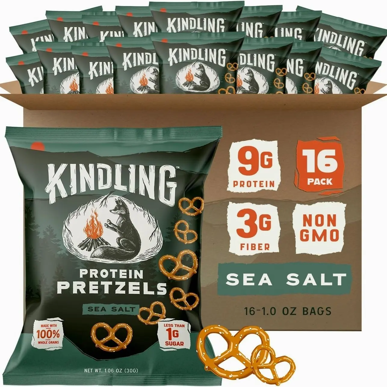 Kindling Protein Pretzels - Sea Salt | Protein-Packed Snack Size Bags | Kosher | 8-9g Protein Per Serving | No Artificial Flavors, Soy-Free | Lunches, Office Snacks, & On-the-Go | 16-Count (1.06oz Bags)