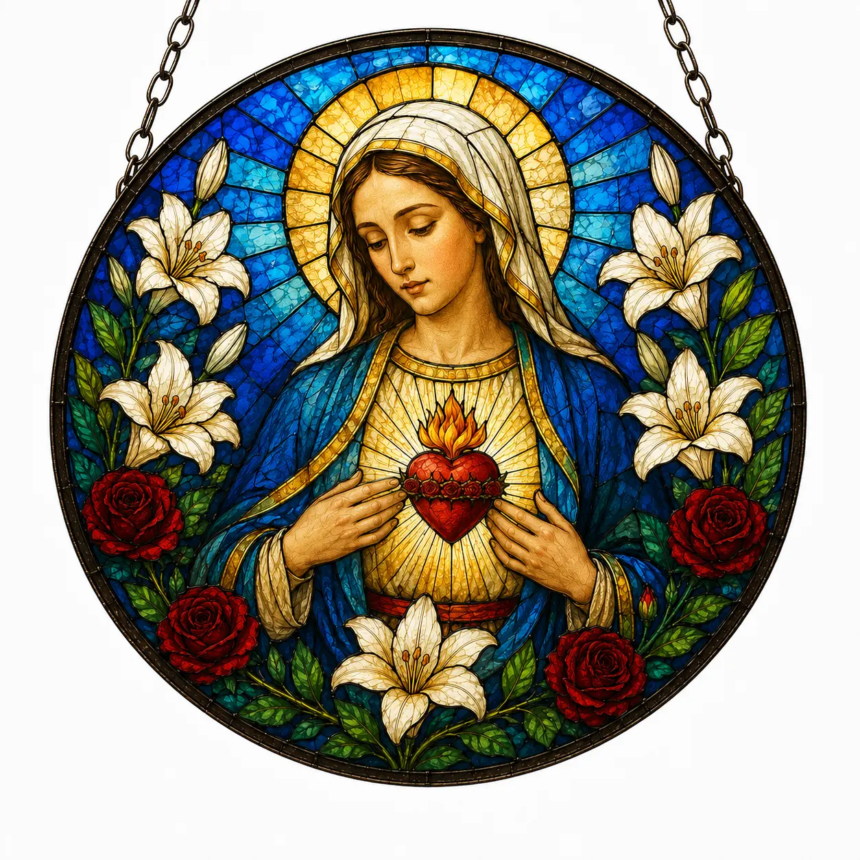 Immaculate Heart of Mary Faux Stained Glass Suncatcher, Virgin Mary Window Decor, Catholic Gift for Women, Christian Home Ornament