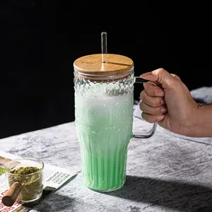 32oz Glass Tumbler with Handle & Lid – Large Iced Coffee Cups with Straws, Glass Mug for Cold & Hot Beverages, Reusable Travel Cup for Smoothies