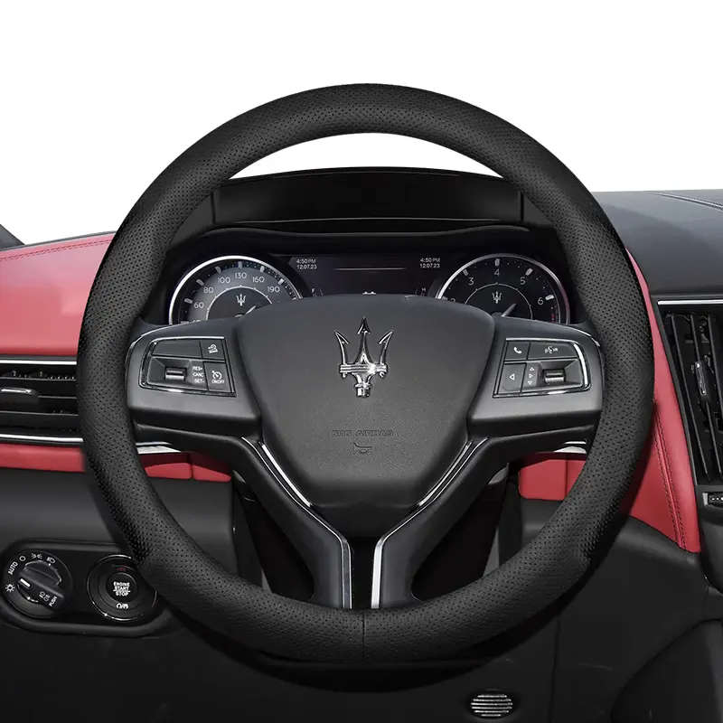 For Maserati Perforated Leather Steering Wheel Cover Ultra-thin Breathable Protective Cover Steering Wheel Protector Fits Ghibli/Levante/Quattroporte/Grecale/GranTurismo/GranCabrio/MC20/MCPura Black Burgundy Brown Mocha Automotive Car Accessories