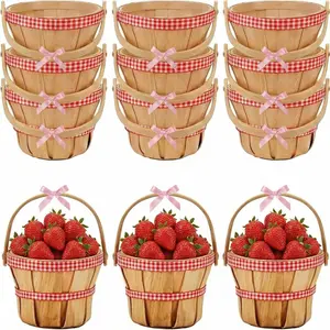 12 count Mini Wooden Berry Baskets with Handles Bulk 4.72 x 3.94 Inch Red Plaid Decorative Baskets Empty for Wedding Party Favors Picnic Picking Fruit  Strawberry Flower