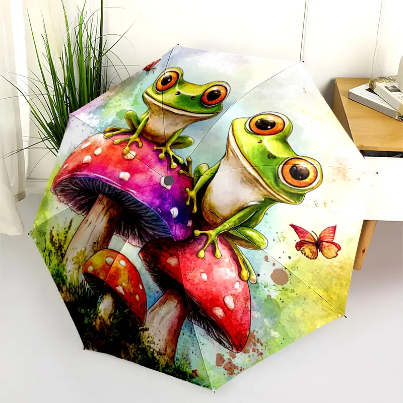 1 PC Automatic Folding Umbrella - Frogs on Mushrooms Pattern, Portable & Foldable Design with 8 Ribs, Merry Christmas Pattern,Casual Outdoor Accessory Halloween and Christmas Birthday Gifts. J00110