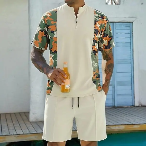 Men’s camouflage patchwork half-zip stand collar short-sleeve set with elastic drawstring and Bermuda shorts, casual two-piece set Aesthetics Athletic Breathable Clothes Elastic Fabric Knit Long Matching Menswear