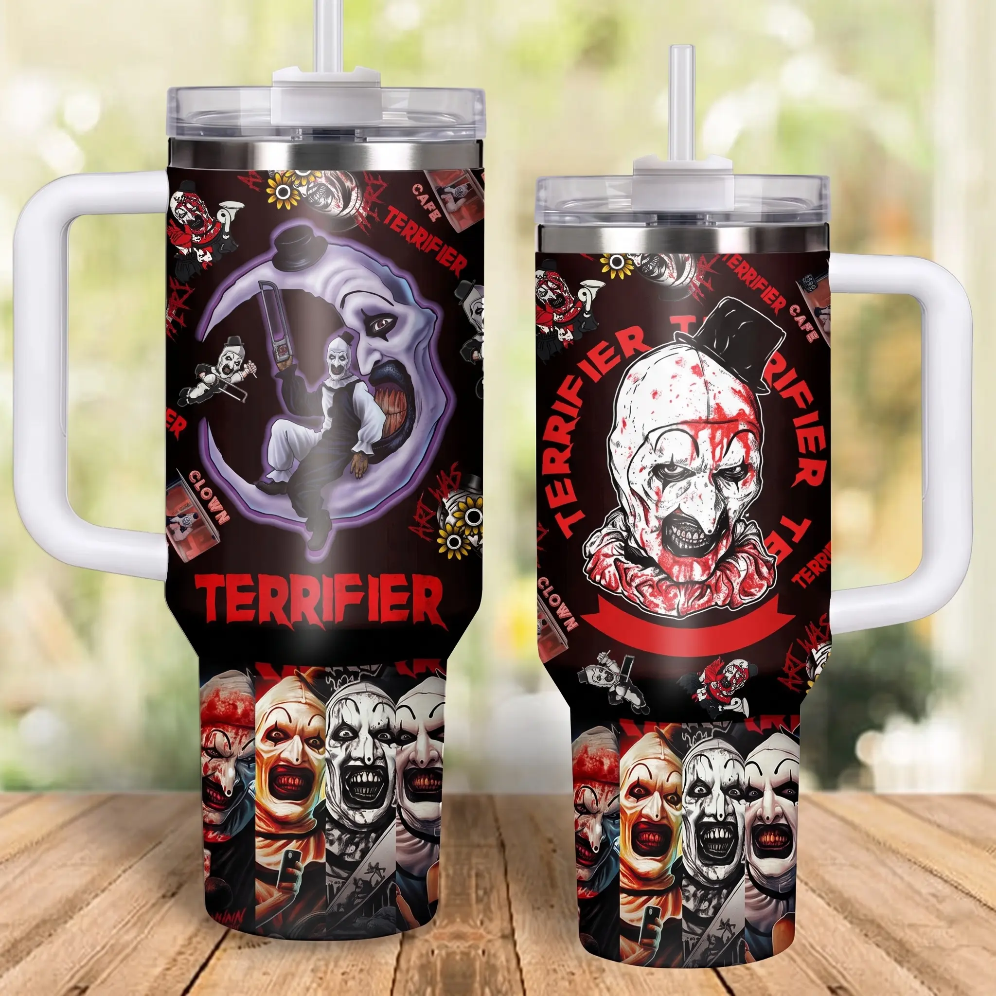 Terrifier Art the Clown Summerween Tumbler with Handle, Slasher Horror Movie 40oz Insulated Travel Mug, Creepy Midyear Halloween Spooky Gift Cup, Stainless Steel Iced Coffee Tumbler, Gory Splatter Film Merch, Unique Birthday Gift for Horror Fans