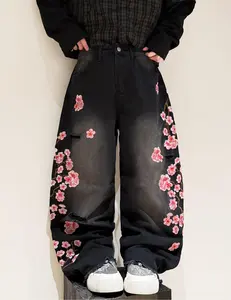 Men's Baggy Jeans Blossom Embroidery Pattern Wide Leg Y2K Jeans Mid Rise Denim Pants Streetwear