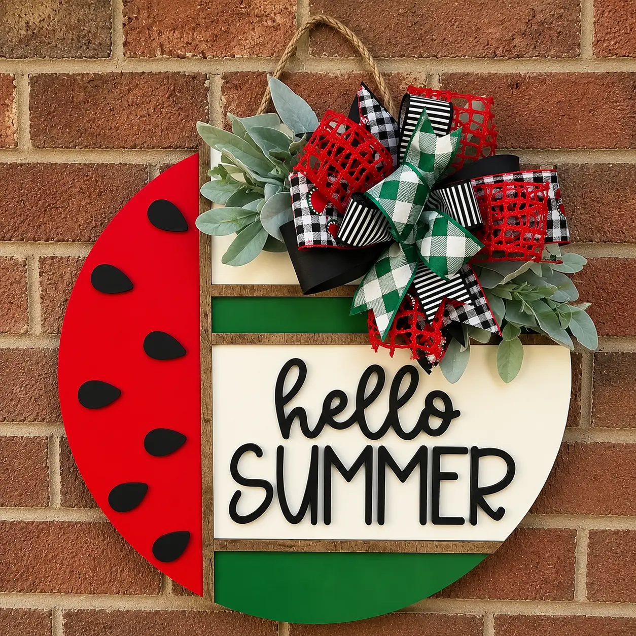 Rustic Wood Hello Summer Watermelon Farmhouse Style Wreath Door Sign - Lightweight Hangable Festive Home Decor, Front Door Wall Hanging, Ideal Housewarming Gift