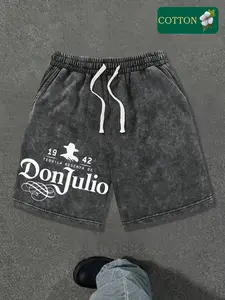 Men’s summer athletic shorts with letter print, made from washed cotton—casual style with a loose fit, featuring a drawstring waist and pockets; retro street style with 2000s vibes. Suitable for running, golf, fishing, basketball, camping, gym workouts, s