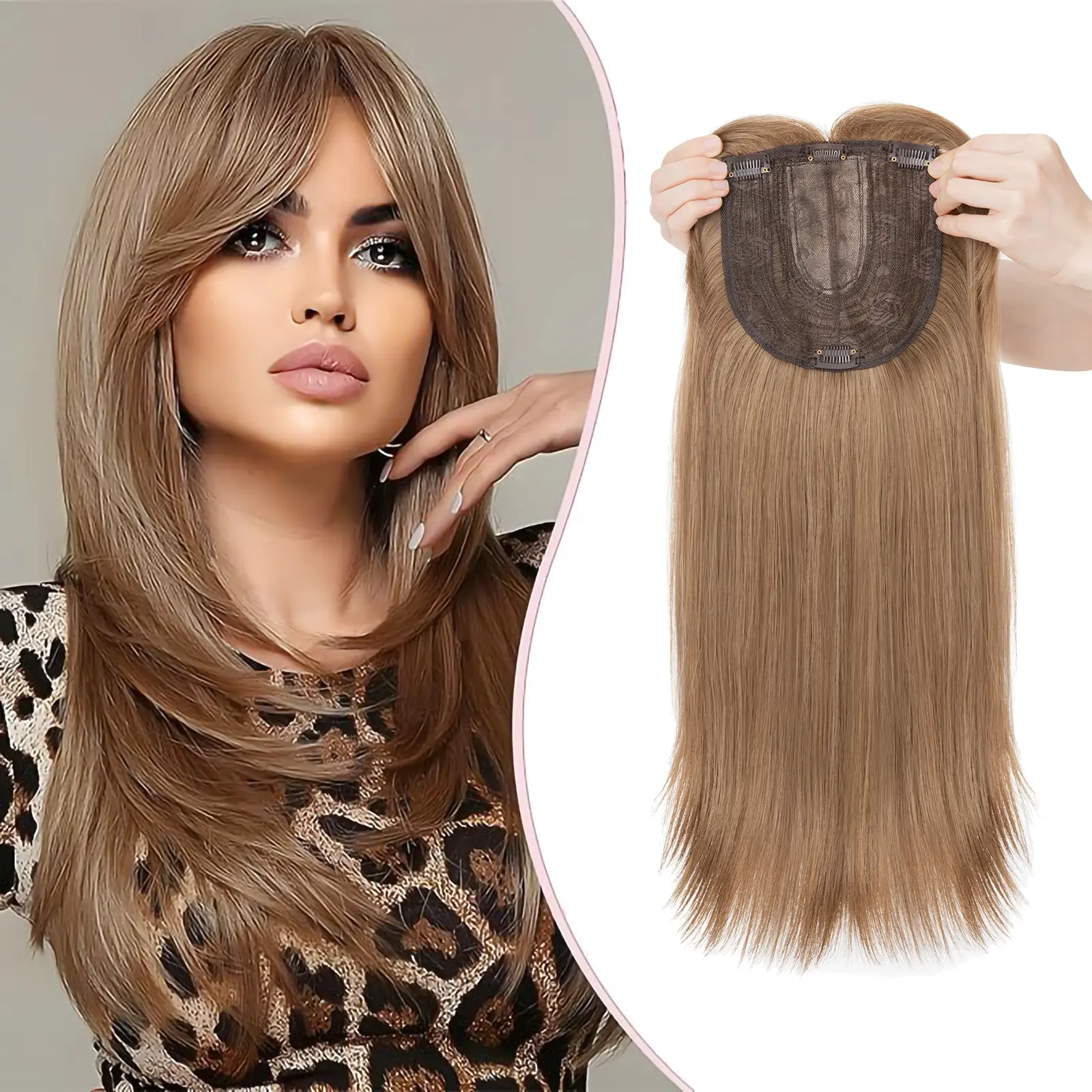 Long Synthetic Hair Topper with Clip-in Bangs for Thinning Hair Hair Topper for Women | 22 Inch Wavy Clip-In with Bangs  main image 2