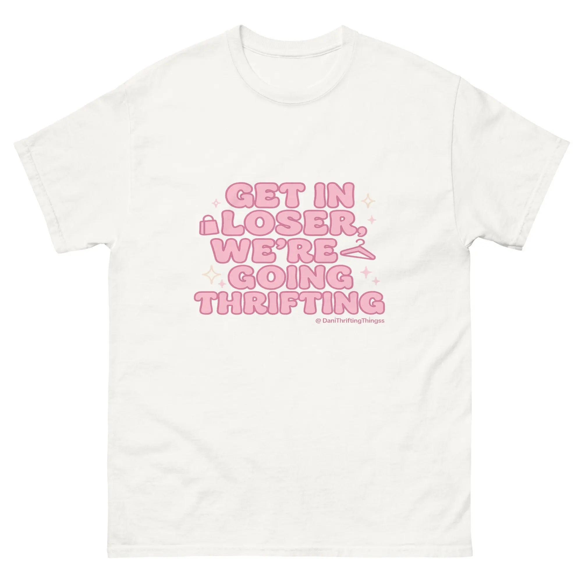 Get in Loser, We're Going Thrifting Pink Graphic Tee – Vintage Thrift Lover Shirt for Resellers & Fashionistas