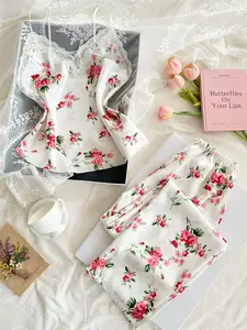 Women's Lace Trim Floral Print Spaghetti Strap Cami Pants Sleepwear Set, 2-Piece Fit Comfortable Nightgown for All Seasons, Stylish Home Wear Essentials, Womenswear