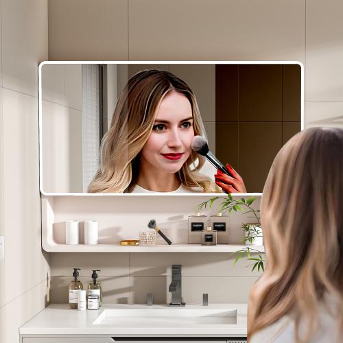 Aluminium Medicine Cabinet Mirror, 36 * 28in Tri-Color LED Light Bathroom Mirror with Cosmetic Storage Rack, Hair Dryer Holder and Defogging Function-khaki