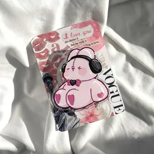 Cute Pink Rabbit Phone Grip, Acrylic Bunny Phone Holder Stand, Kawaii Headphones Design, Sweet Aesthetic Gift for Women, Teens, Students and Girls