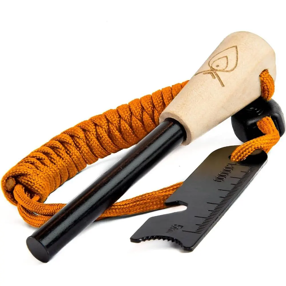 Ferro Rod Fire Starter with Sturdy Hardwood Handle, 3/8in Thick Flint Steel for Camping, Ignites Tinder with 5000F Sparks, Multi-Tool Striker, 15,000+ Strikes, Survival Kit, Compact, Hiking, Utility Tool, Braided Cord, Ignite Tinder, Pocket Size, Survival