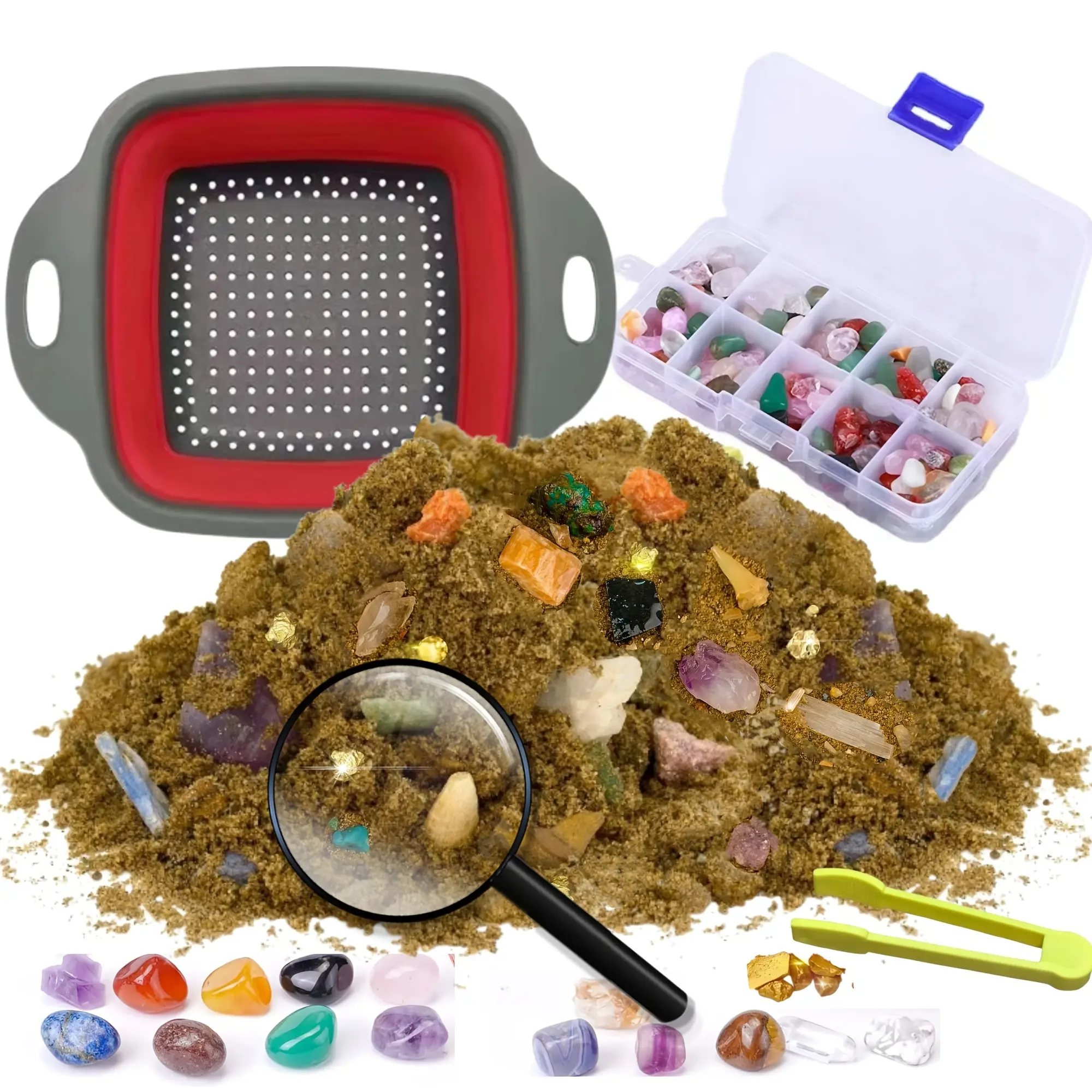 150g Natural Crystal Gem Mining Sand Gravel Boxed Kit - Treasure Hunt Rock Excavation Toy, Geology Fun Science Education DIY Craft Set, Mineral Specimen Collection Gift for Children (Indoor/Outdoor Single Set)