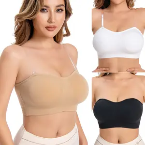 DEANGELMON Strapless Bras for Women Comfort Non-Slip Seamless Padded Bralette Clear Straps Wireless Tube Top Bra