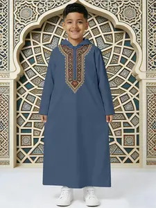 Boys Hooded Thobe Tunic with Vintage Tribal Geometric Embroidery, Middle Eastern Islamic Jubba for Kids (Blue)