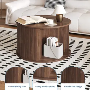 Mid-Century Modern Round Coffee Table with Storage, 28-Inch Fluted Accent Table, Space-Saving End Table for Living Room, Apartment, Small Space