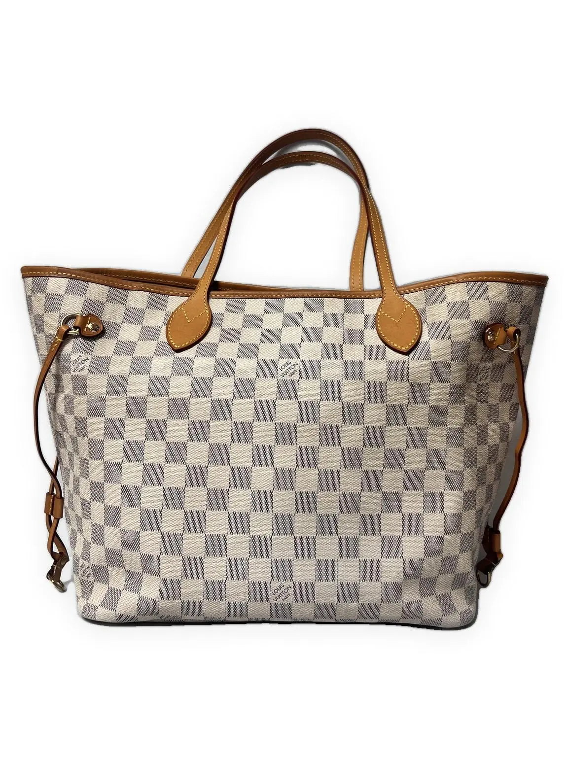 Pre-owned Louis Vuitton Damier Azur coated canvas with natural cowhide leather trim Tote Bags Neverfull white/blue checkered canvas with vachetta leather handles and trim Very Good S014260710011