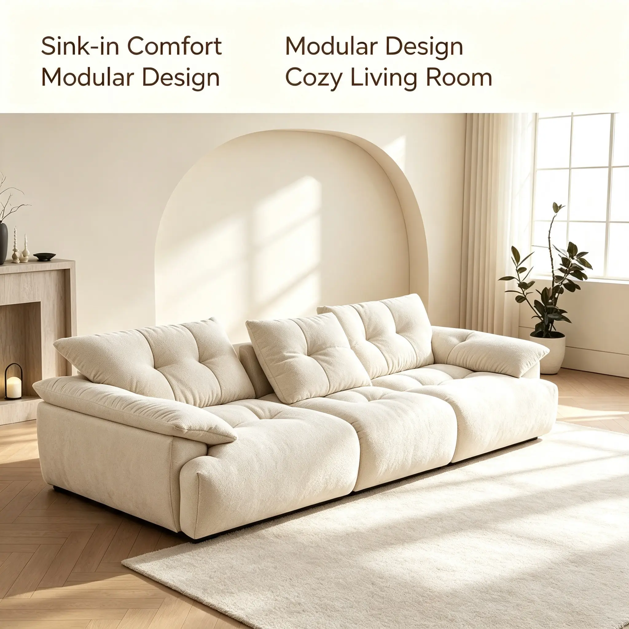 Cloud‑Like Plush Sectional SofaCozy cream boucle fabric, deep padded cushions for ultra‑soft lounging. Modern minimalist cloud couch, spacious 3‑seater design. Aesthetic neutral tone, perfect for bright living room, elevate your home vibe.