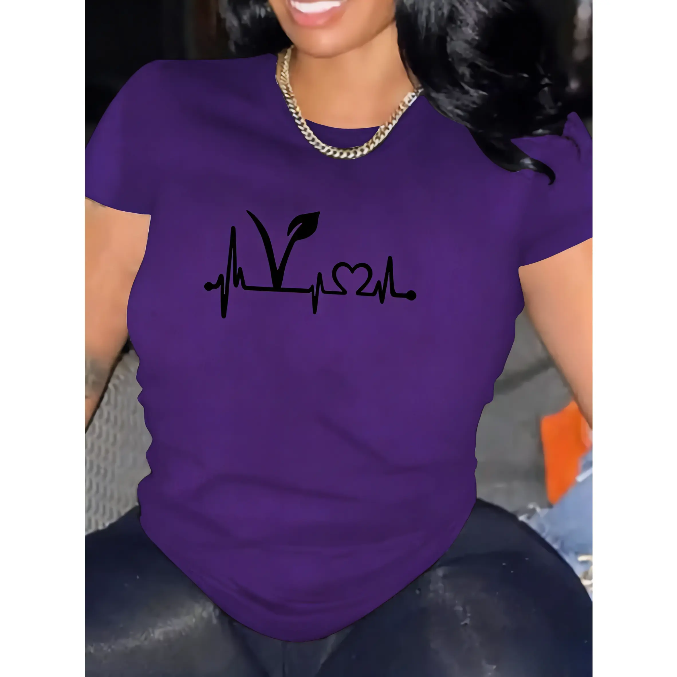 Women's 100% Cotton Oversized Short-Sleeve Round-Neck T-Shirt - Smooth Fabric, Graphic Geometric Heartbeat Letter Print, Breathable Summer Top, Regular Fit, Machine Washable, Daily Wear