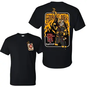 Dual-Sided Skeleton Firefighter T-Shirt | "Hookin & Lookin" Ragtop Fire Design Crewneck | Soft Breathable Black Short Sleeve Shirt | Firefighter Enthusiast Casual Top