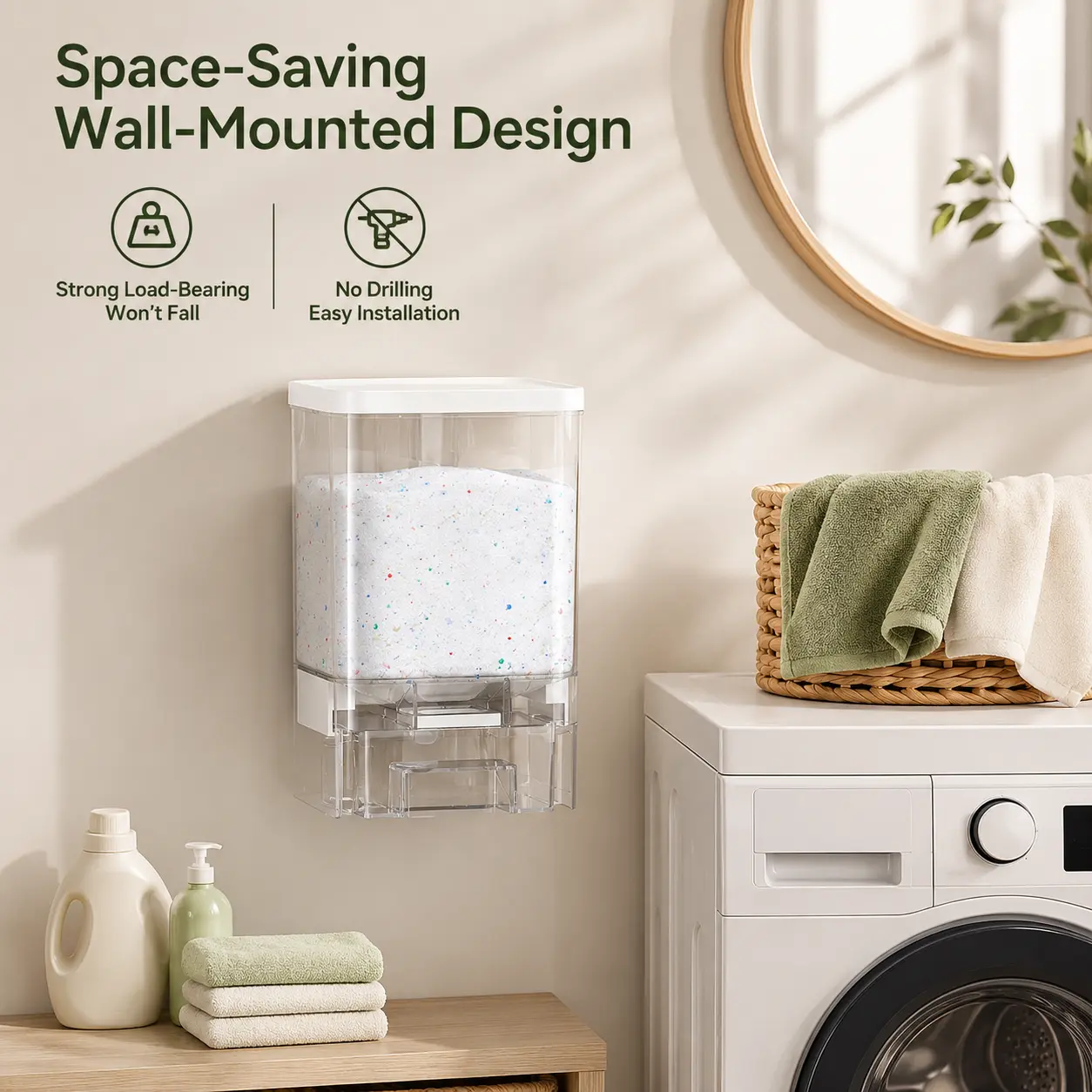 1 Count Wall Mounted Drill-Free Transparent Storage Container, Double Seal Design for Laundry Powder and Kitchen Dry Grain Storage